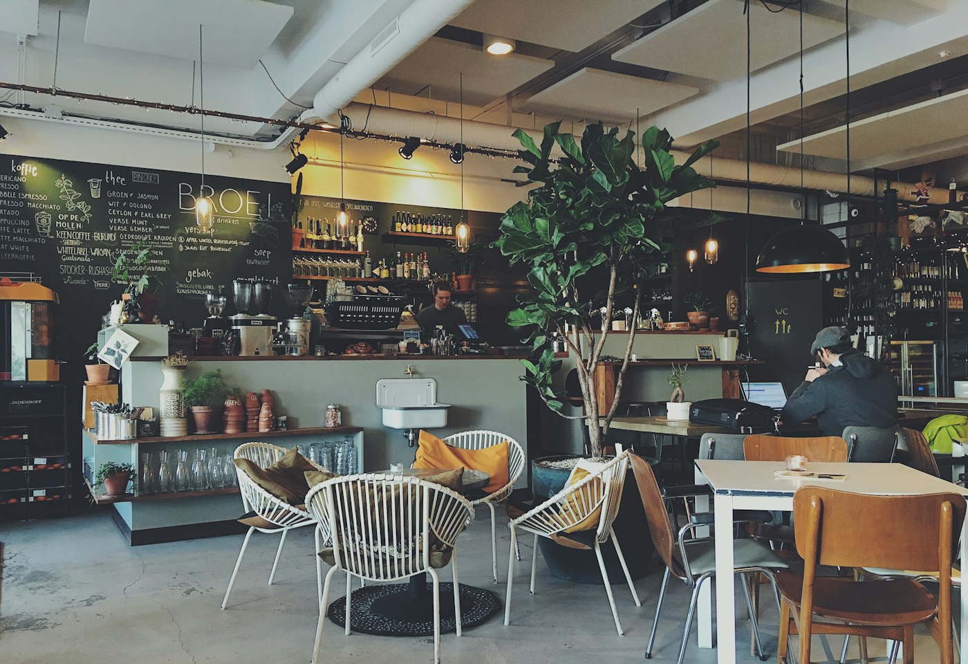 Bright cafe interior with plants, wooden tables and an espresso bar